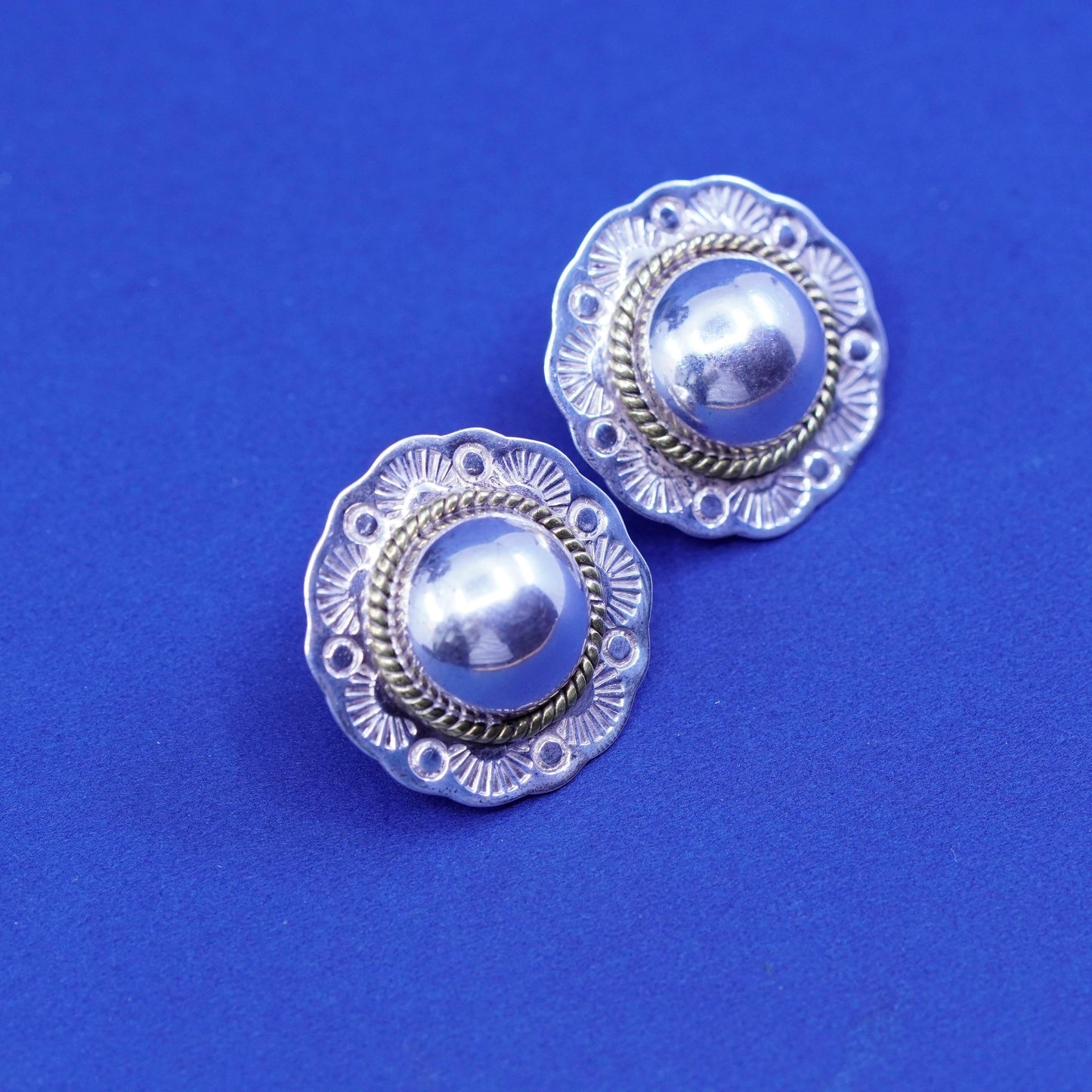 Vintage two tone Sterling silver handmade earrings, 925 flower studs with cable