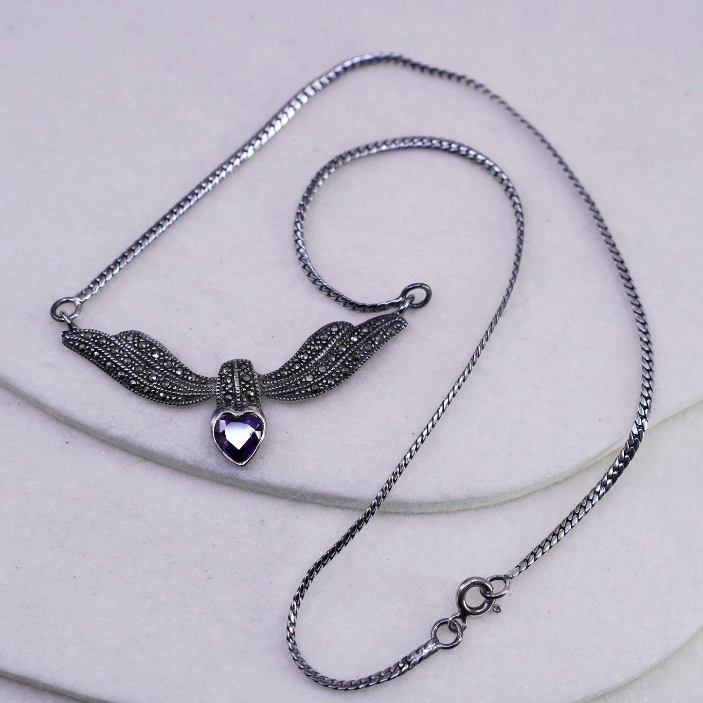 16”, Sterling 925 silver flatten curb necklace amethyst marcasite wings pendant