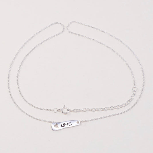 16"+2”, vtg sterling silver circle chain w/ 925 bar pendant embossed “love”