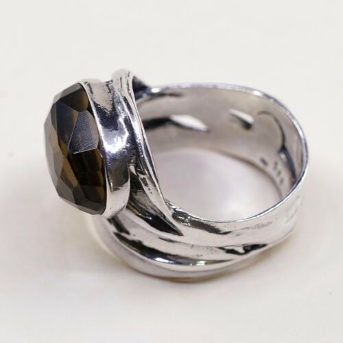 Sz 6, Vtg Sterling Silver Handmade Ring, 925 Silver Wrinklly Band W Smoky topaz