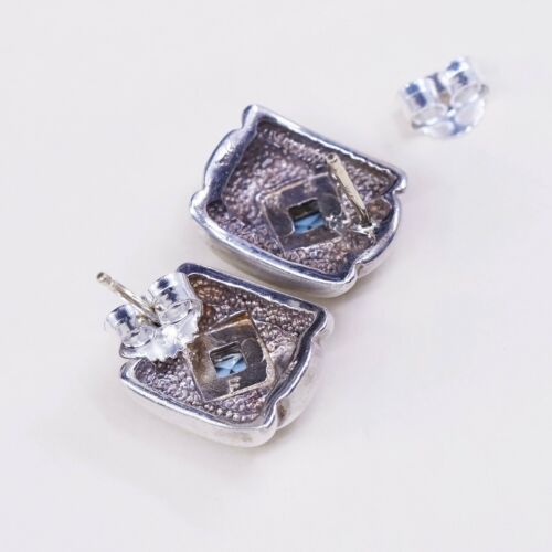 Vtg 14K Yellow Gold Sterling Silver Handmade Earrings, 925 Studs W/ Blue Topaz