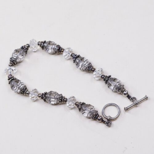 6.5”, Vtg Sterling Silver Handmade Bracelet 925 Bali W/ Swarovski Crystal Beads
