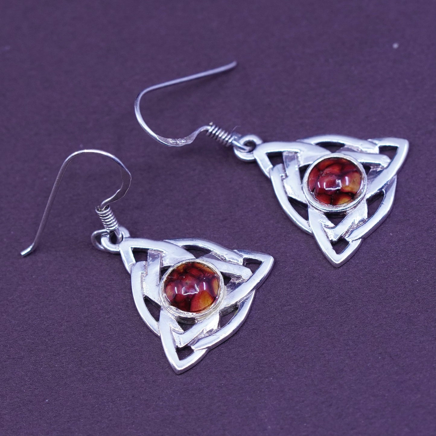 Sterling silver Irish handmade dangles, 925 earrings Celtic knot with jasper