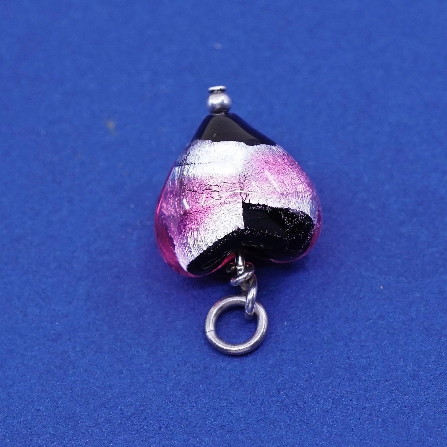 Vintage sterling silver handmade pendant, 925 with blue dichroic heart glass