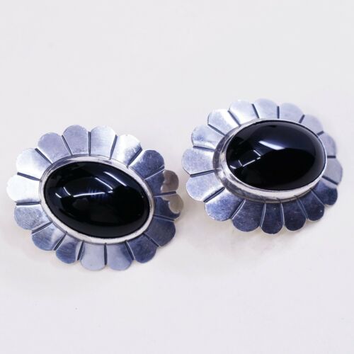 Navajo Southwestern Sterling Silver Handmade Earrings, 925 Studs W/ Obsidian