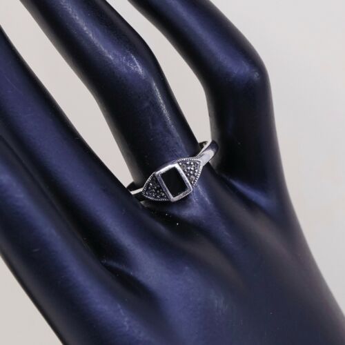 Sz 7.75, Vtg Sterling Silver Handmade Ring, 925 Silver Band W obsidian inlay