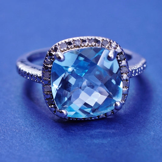 Size 8.25, vtg DBJ Sterling 925 silver ring with cushion cut topaz and diamond