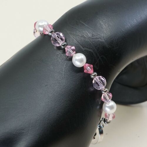 7”, Vtg Sterling Silver Handmade Bead Bracelet, taxco 925 n Pink Crystal Pearl
