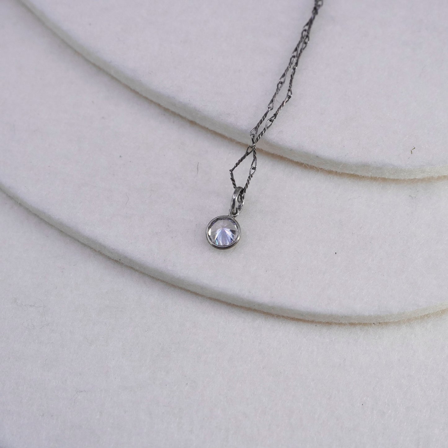 16”, vintage Sterling 925 silver handmade bar necklace with circle cz pendant