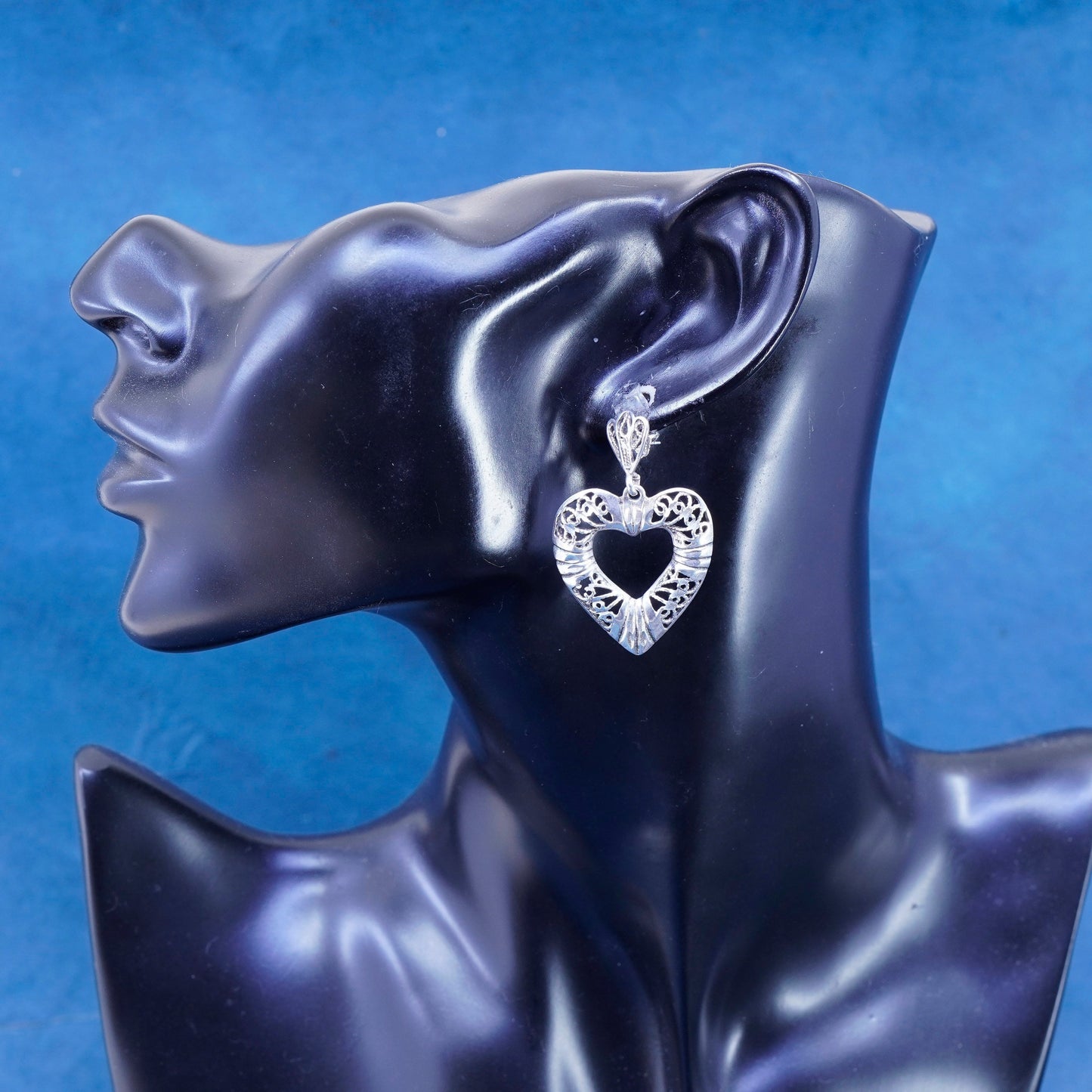 Vintage Sterling silver handmade earrings, 925 Bali filigree heart drops