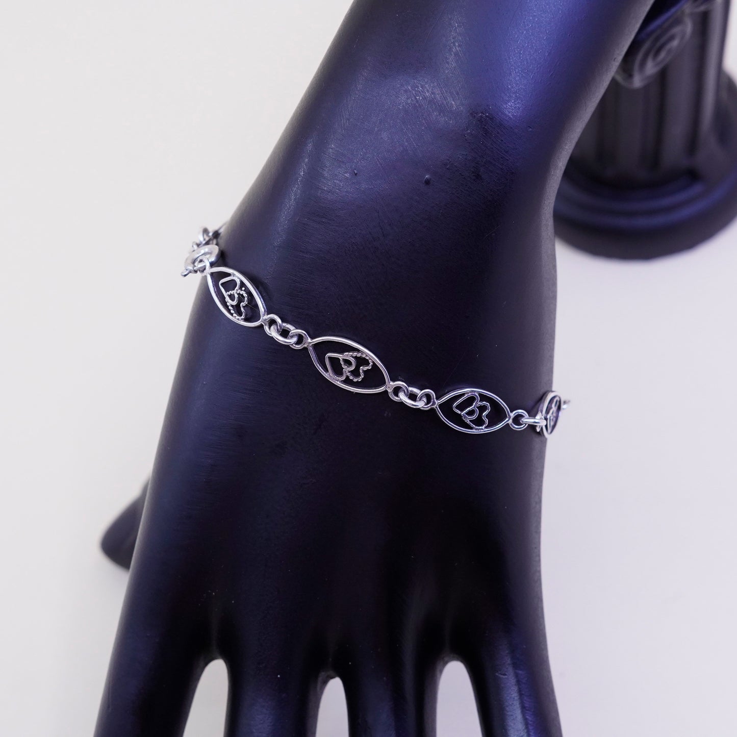 6.75”, sterling 925 silver Marquise shaped bracelet with double heart inside