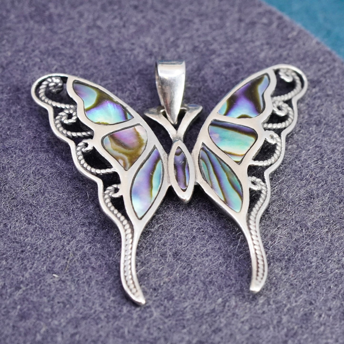 Vintage Sterling 925 silver handmade butterfly pendant with abalone