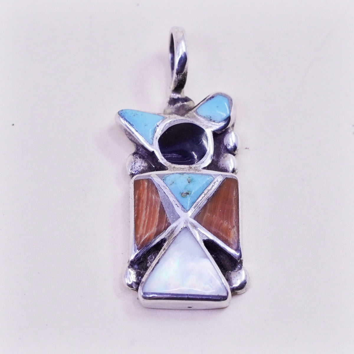 Sterling silver pendant, Navajo 925 runner bird turquoise coral mother of pearl