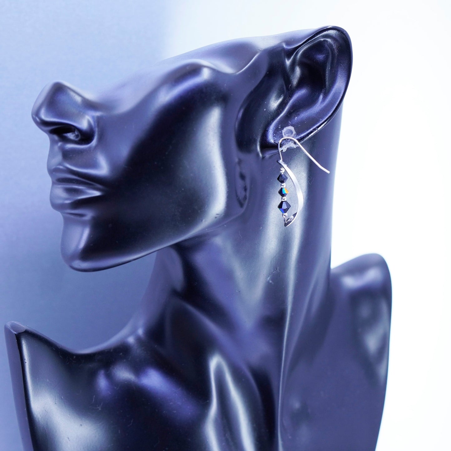 Vintage Sterling 925 silver handmade wavy earrings with crystal