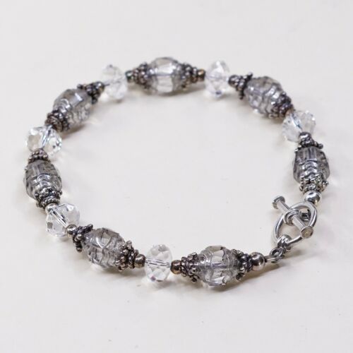 6.5”, Vtg Sterling Silver Handmade Bracelet 925 Bali W/ Swarovski Crystal Beads