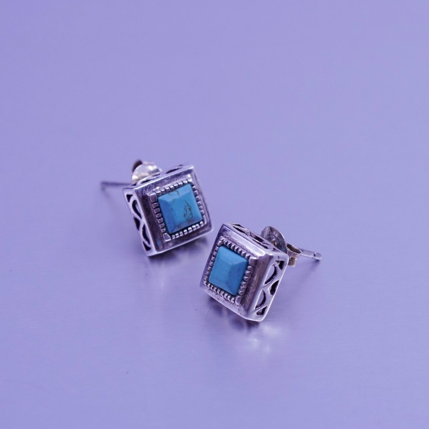 Vintage Sterling 925 silver handmade earrings, square studs with turquoise