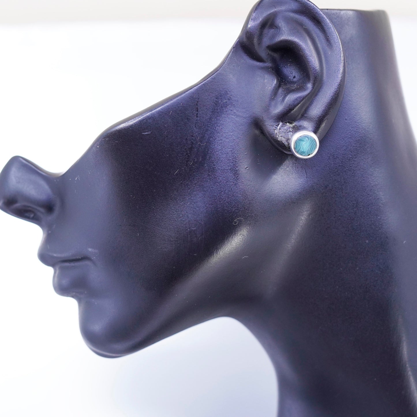 Vintage Sterling 925 silver handmade earrings, round studs with malachite