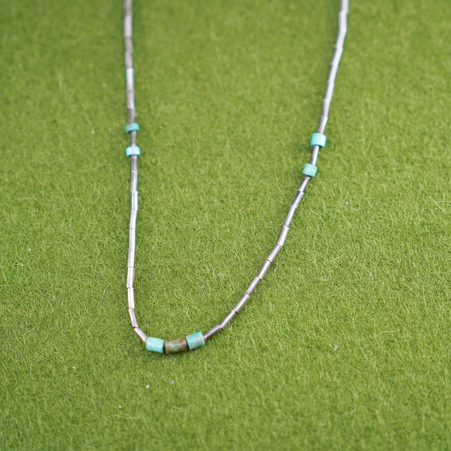 16”, Native American Navajo Sterling necklace 925 liquid silver chain turquoise