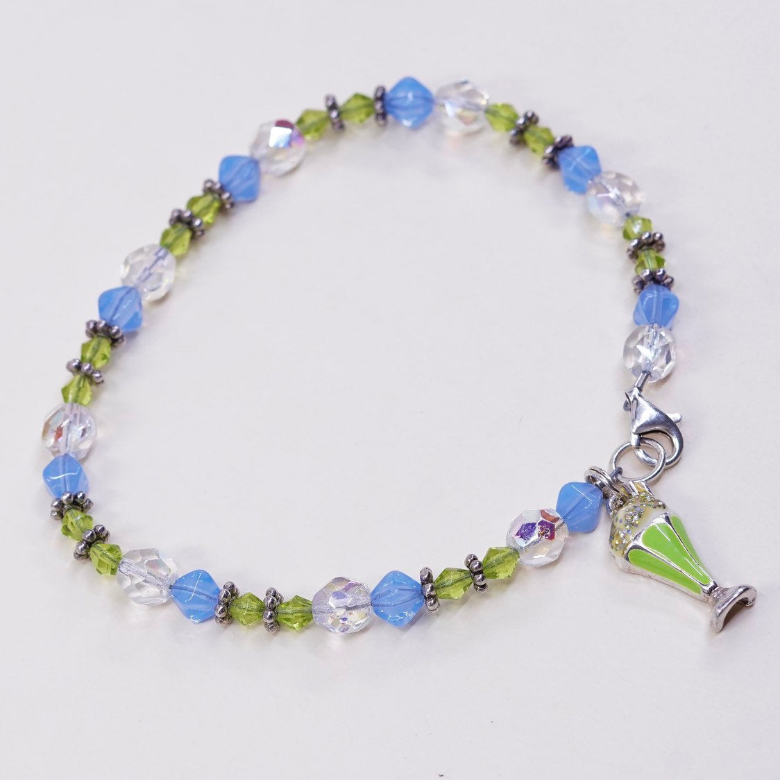 8.5", VTG Sterling 925 silver handmade bracelet crystal beads N ice cream charm