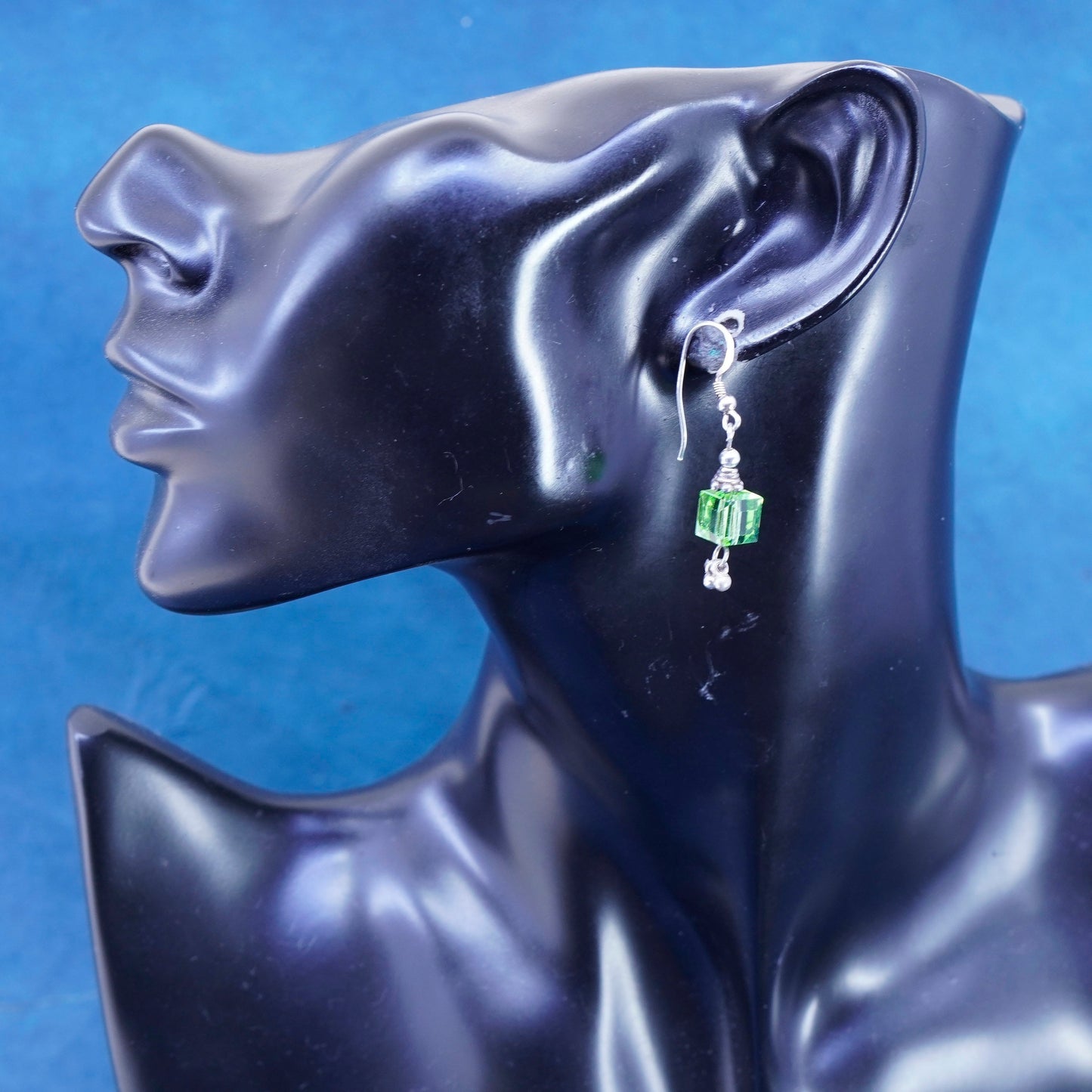 Vintage sterling 925 silver earrings with green cz dangles