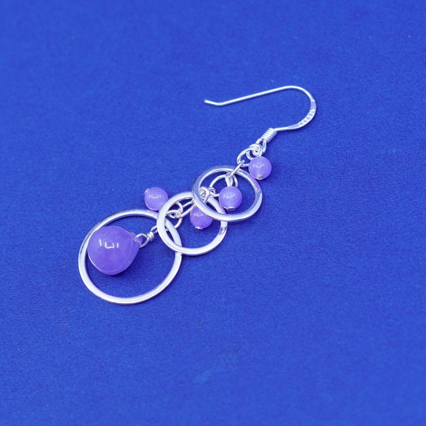 Vintage sterling silver handmade earrings, 925 circles w/ bead amethyst dangles