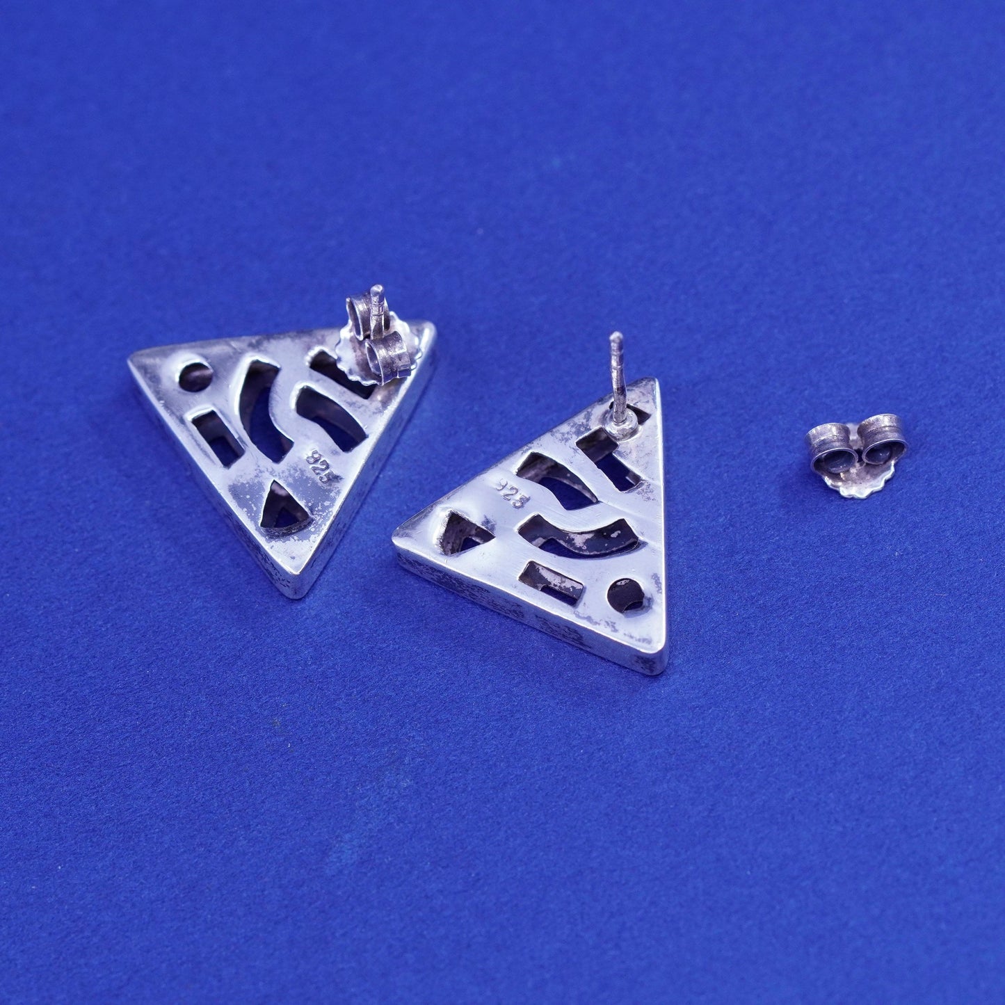 vintage Sterling silver handmade earrings, filigree 925 triangular studs