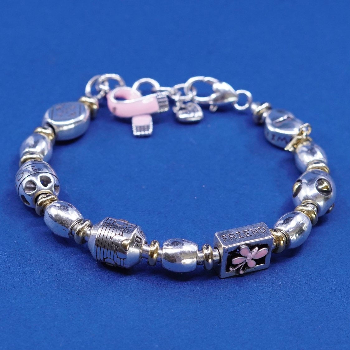 6.25+1”, vtg Brighton B Silver Tone bracelet, with heart charm “sister, mother