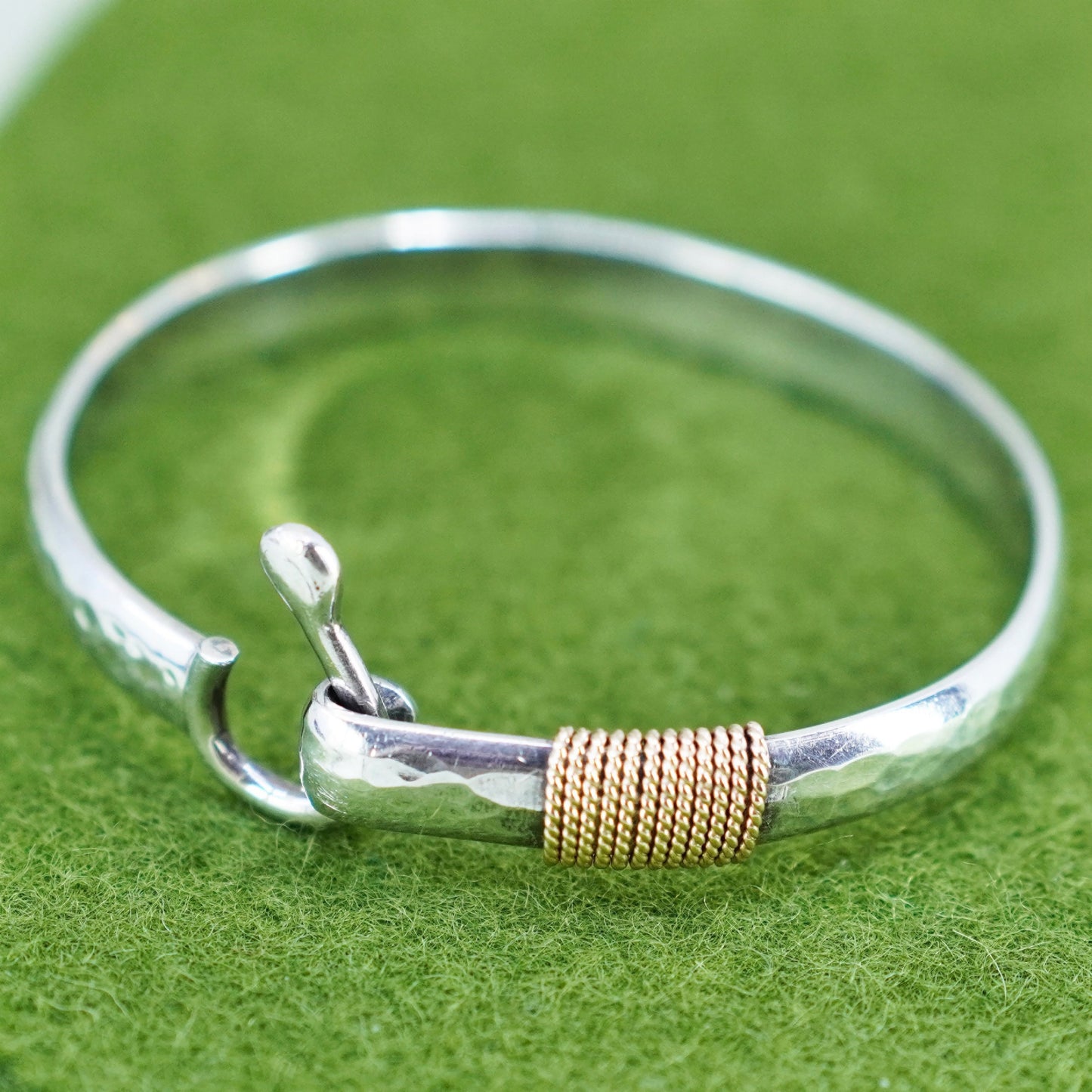 6”, 14K gold wired Sterling 925 silver bracelet, two tone horseshoe bangle