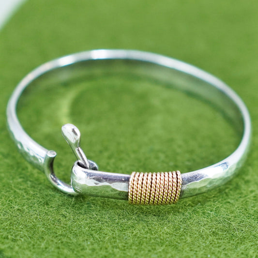 6”, 14K gold wired Sterling 925 silver bracelet, two tone horseshoe bangle