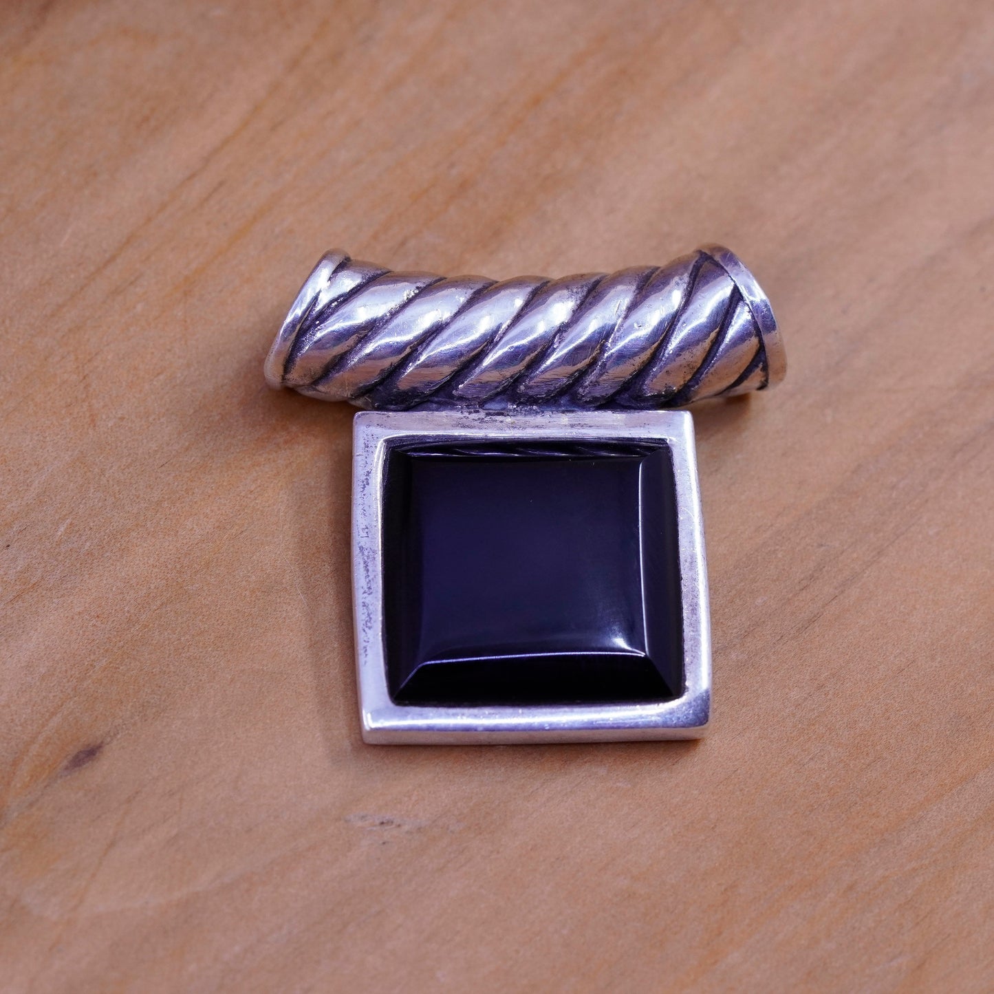 Sterling silver handmade pendant, Mexico 925 square obsidian, black onyx drop