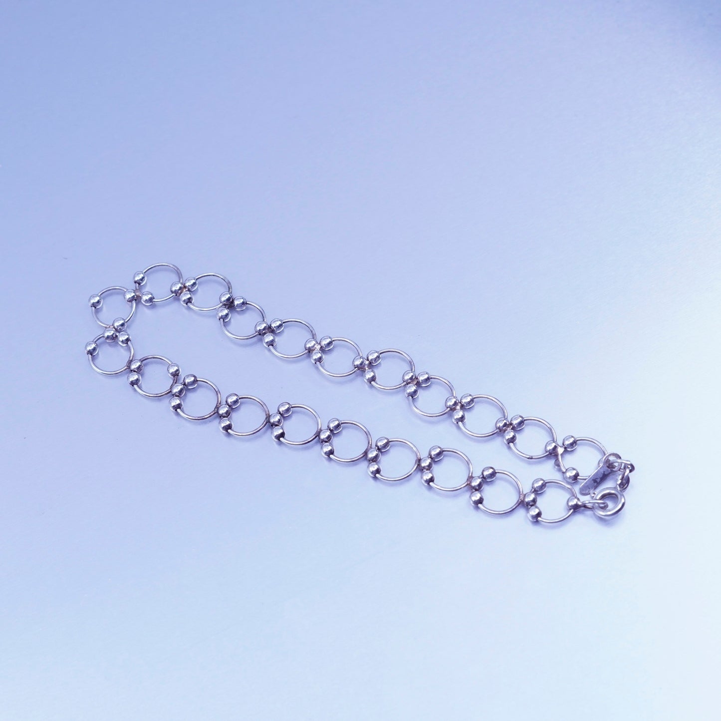 8.5”, Sterling 925 silver handmade bracelet, circle link charm chain with beads