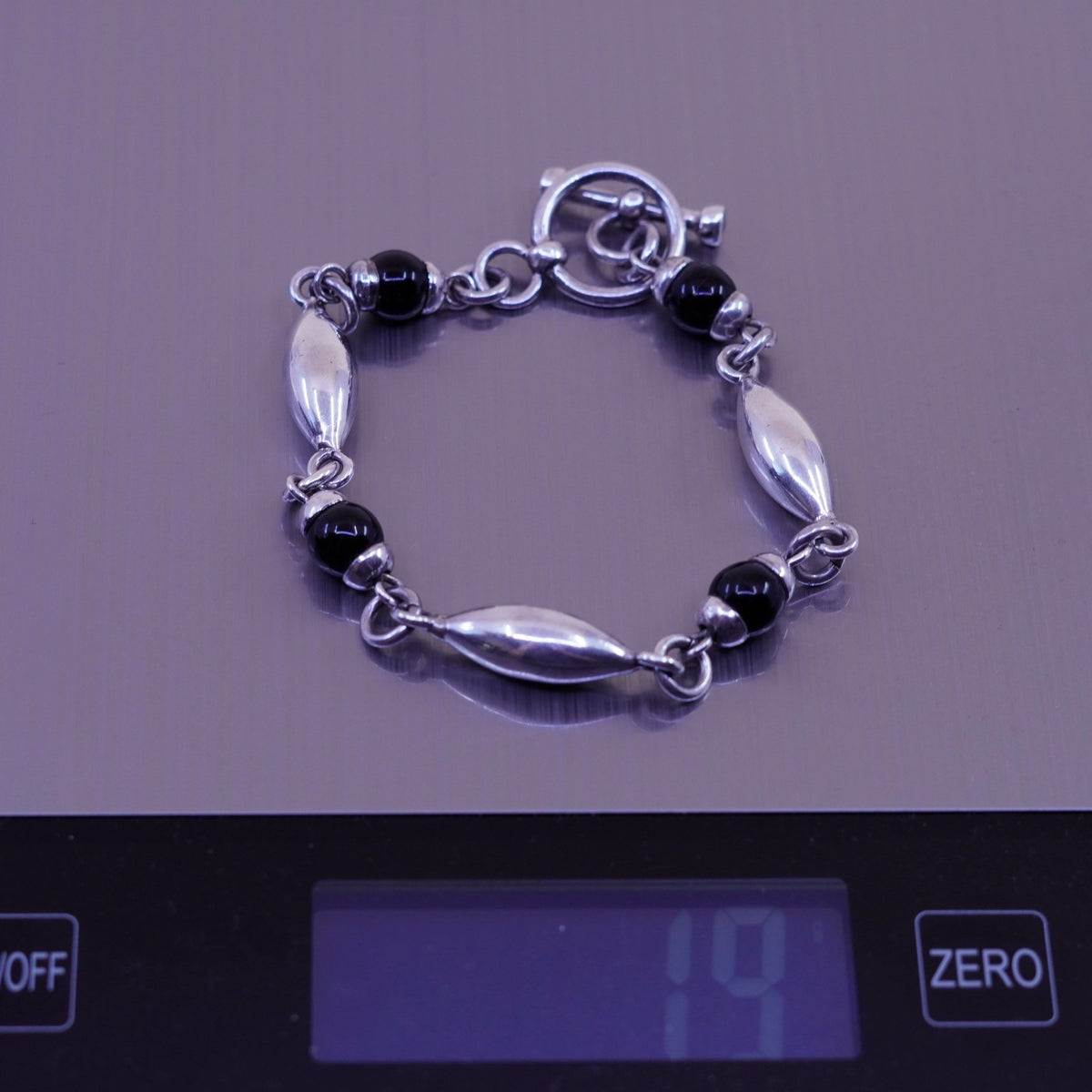 7”, Vintage Mexico Sterling 925 silver marquise shaped bracelet obsidian beads