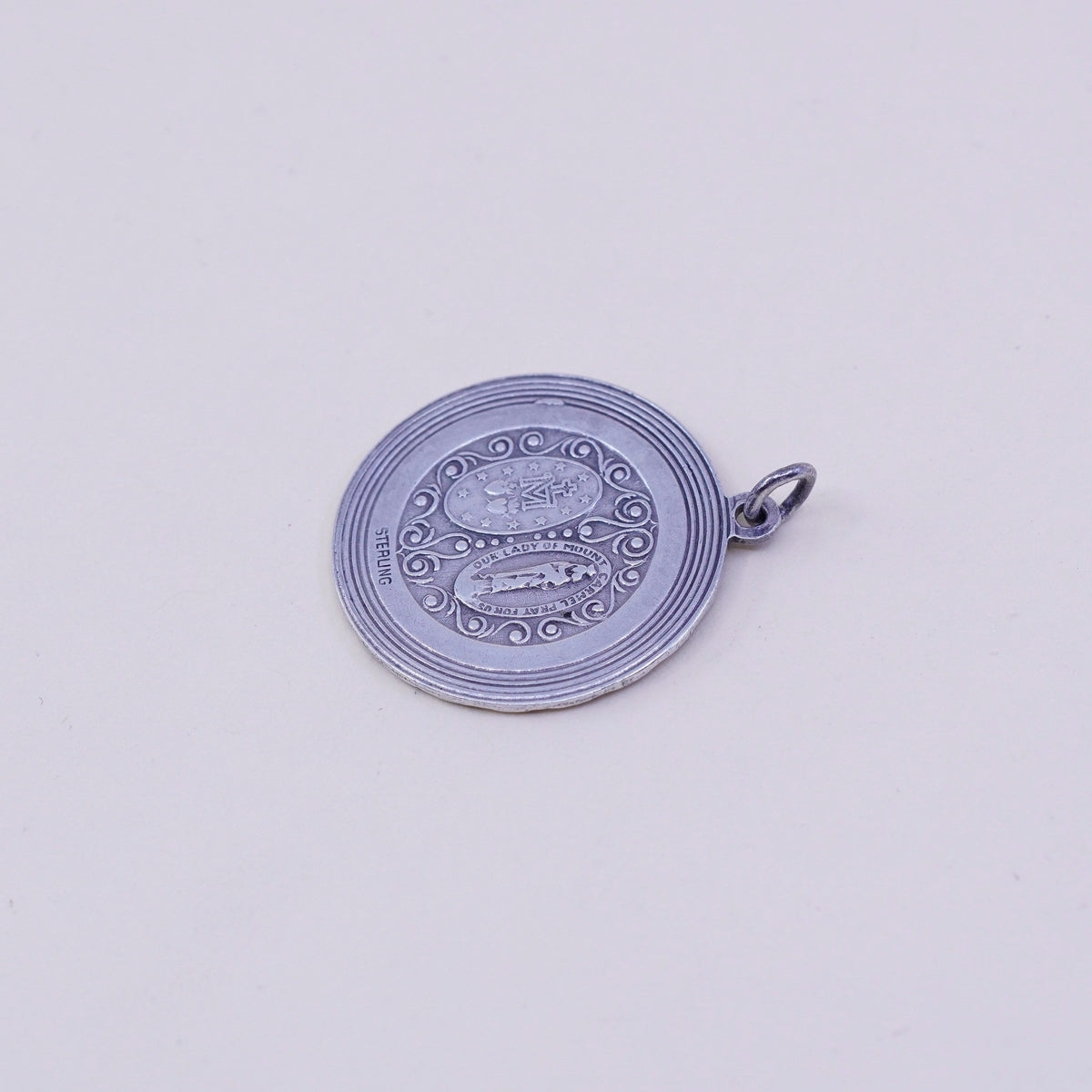 chapel sterling silver pendant, 925 circle charm embossed Jesus and virgin Mary