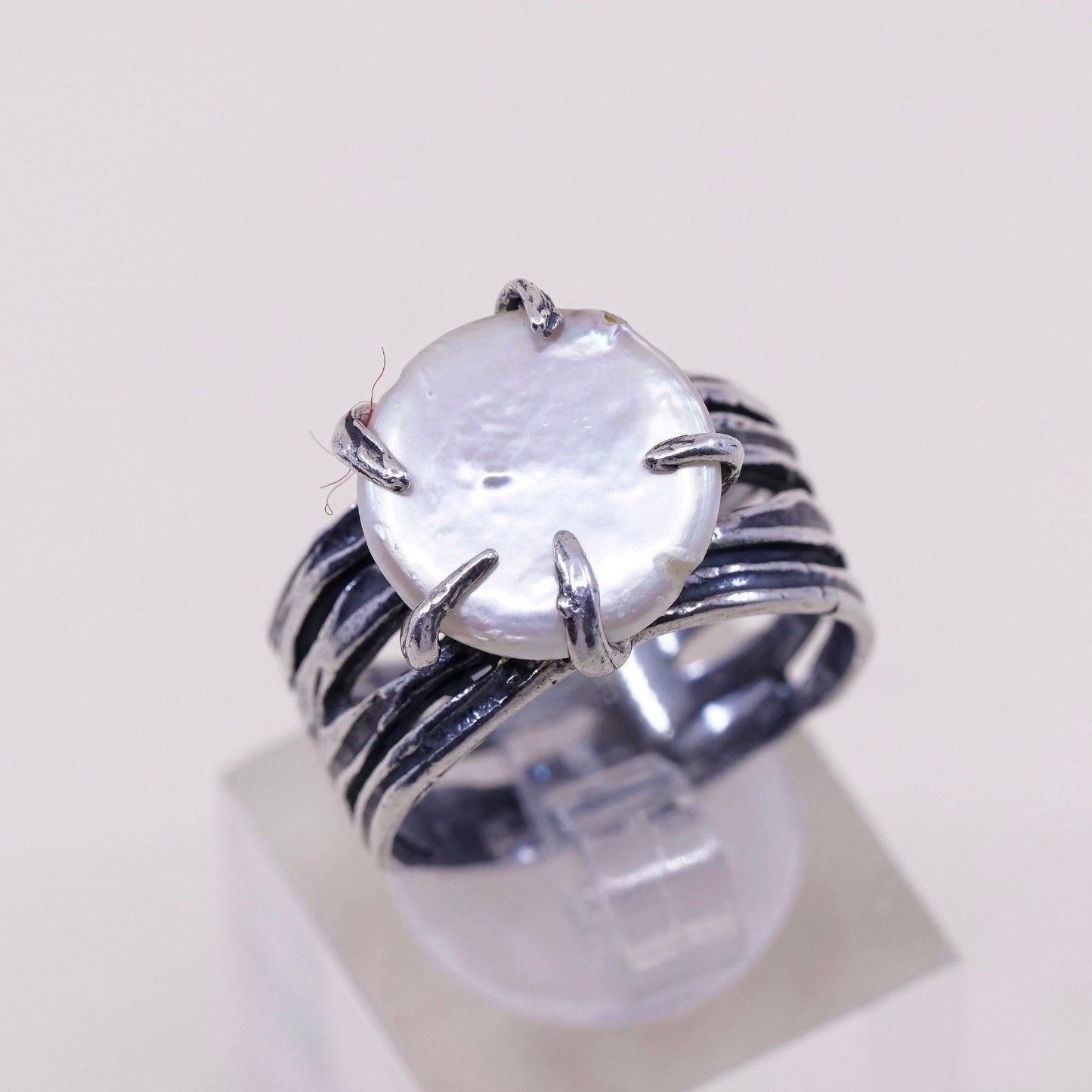 sz 8, vtg Israel Shube sterling silver ring, handmade 925 band with coin pearl