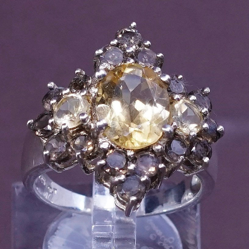 sz 7.75, vtg Sterling silver handmade statement ring, 925 w/ cluster citrine