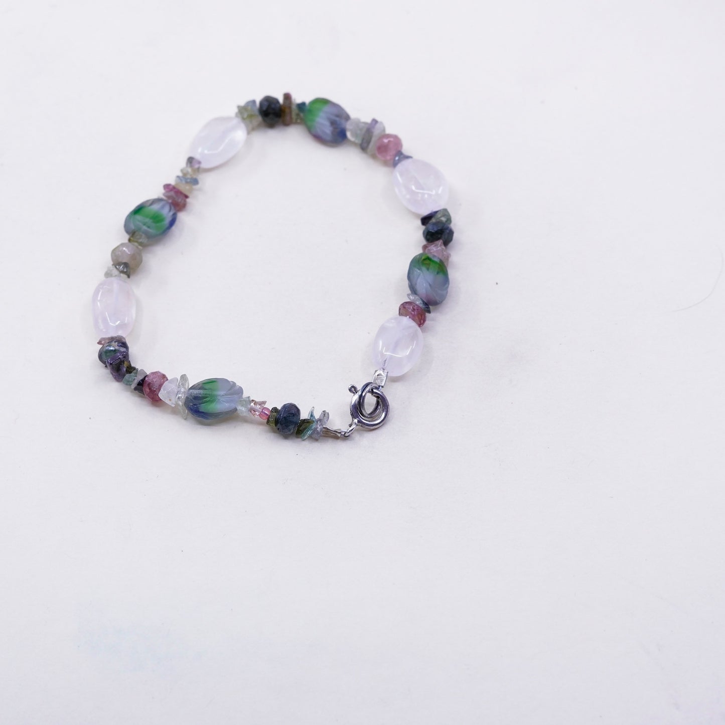 7.5”, vintage Sterling 925 silver handmade bracelet with pink quartz beads