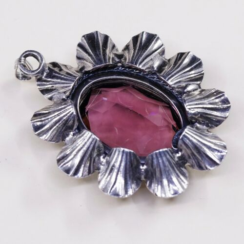 Vtg Danecraft Sterling silver pendant, Floral 925 w/ amethyst, stamped Sterling