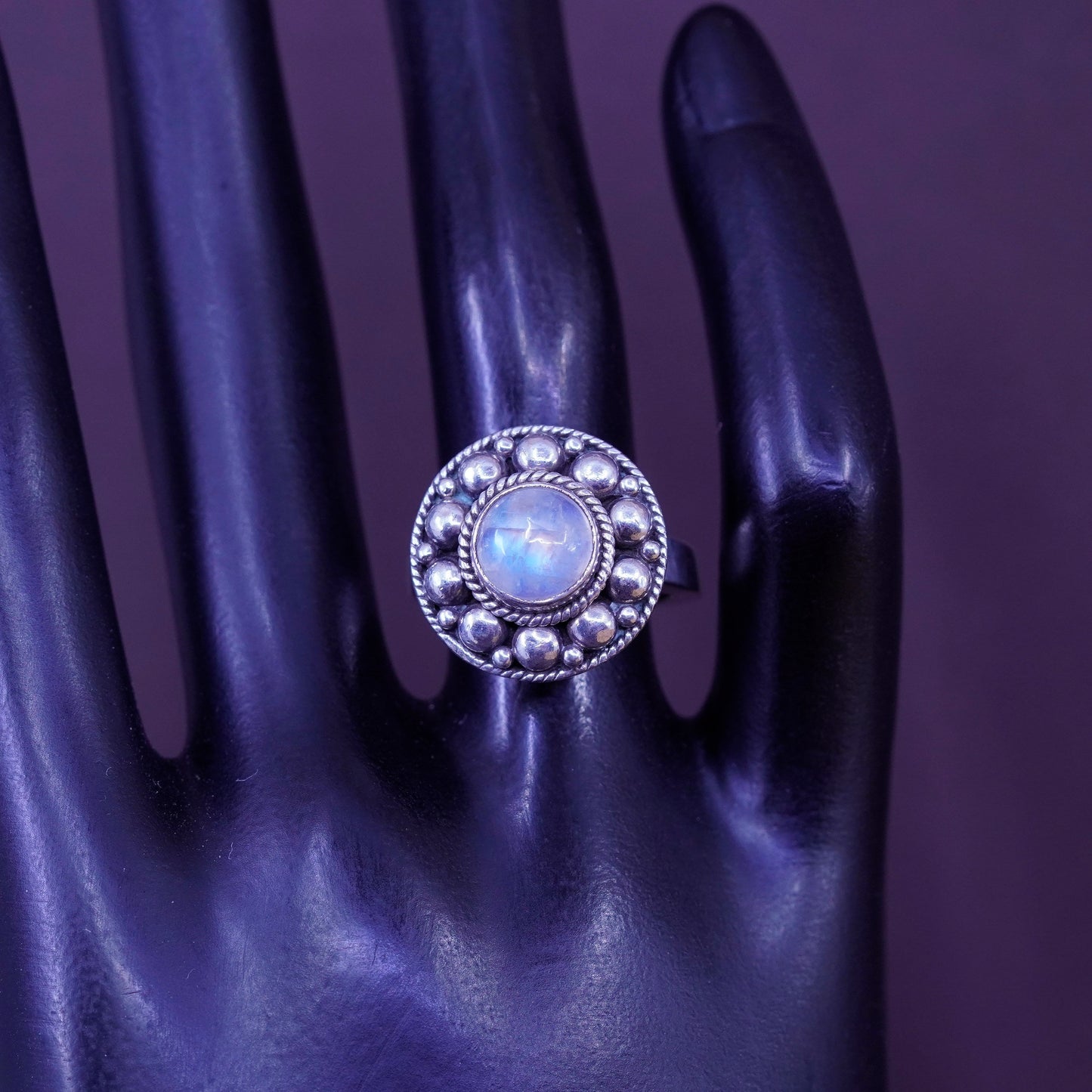 Size 6, vintage sterling 925 silver handmade ring with moonstone beads around