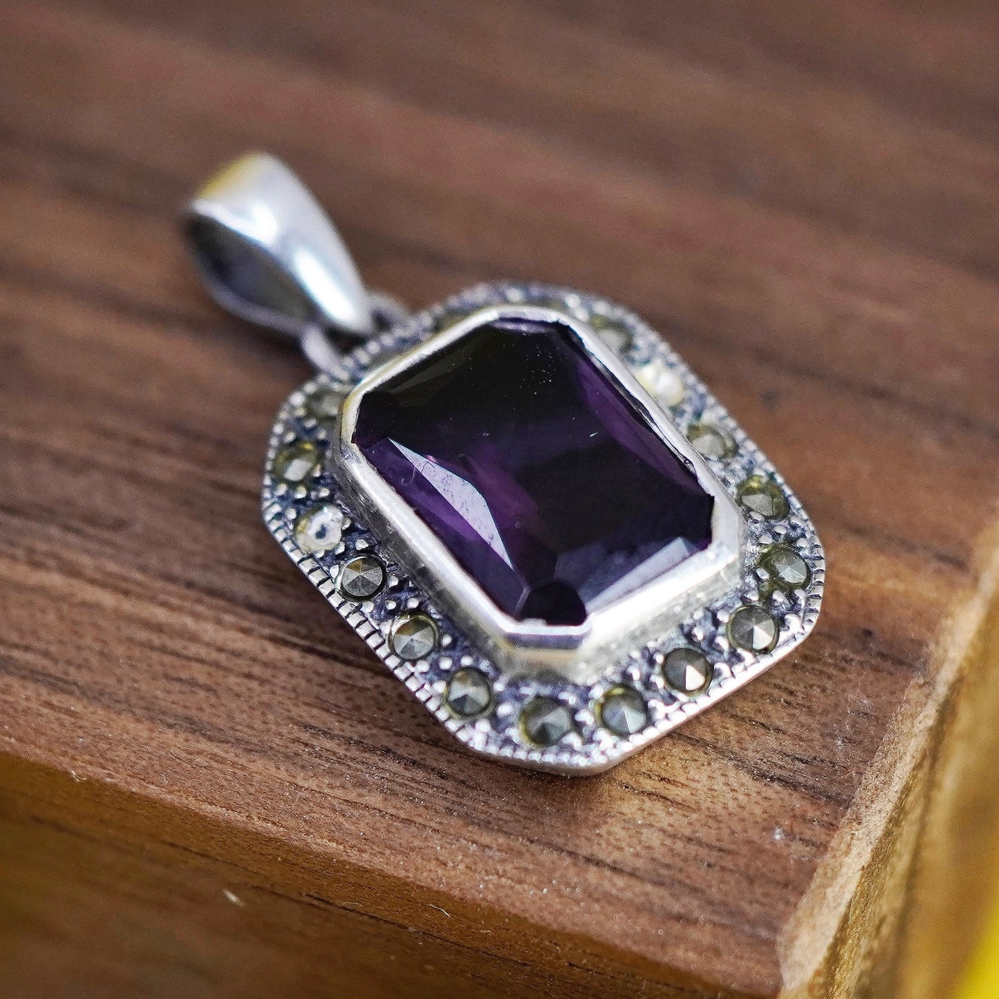 Sterling silver handmade pendant, 925 rectangular with amethyst and marcasite