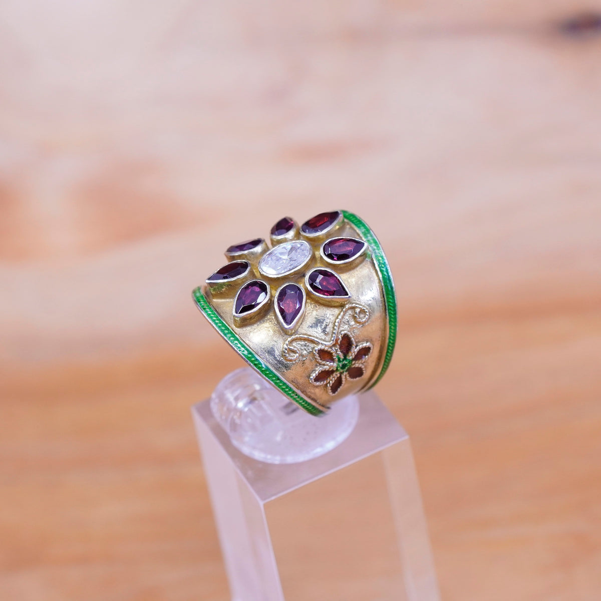 Size 7.5, vermeil gold over Sterling silver ring enamel flower 925 ruby Crystal