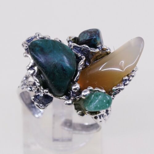 Sz Adjustable, Vtg Navajo Sterling 925 Silver W/ Turquoise Jade Ring, Silver Tes