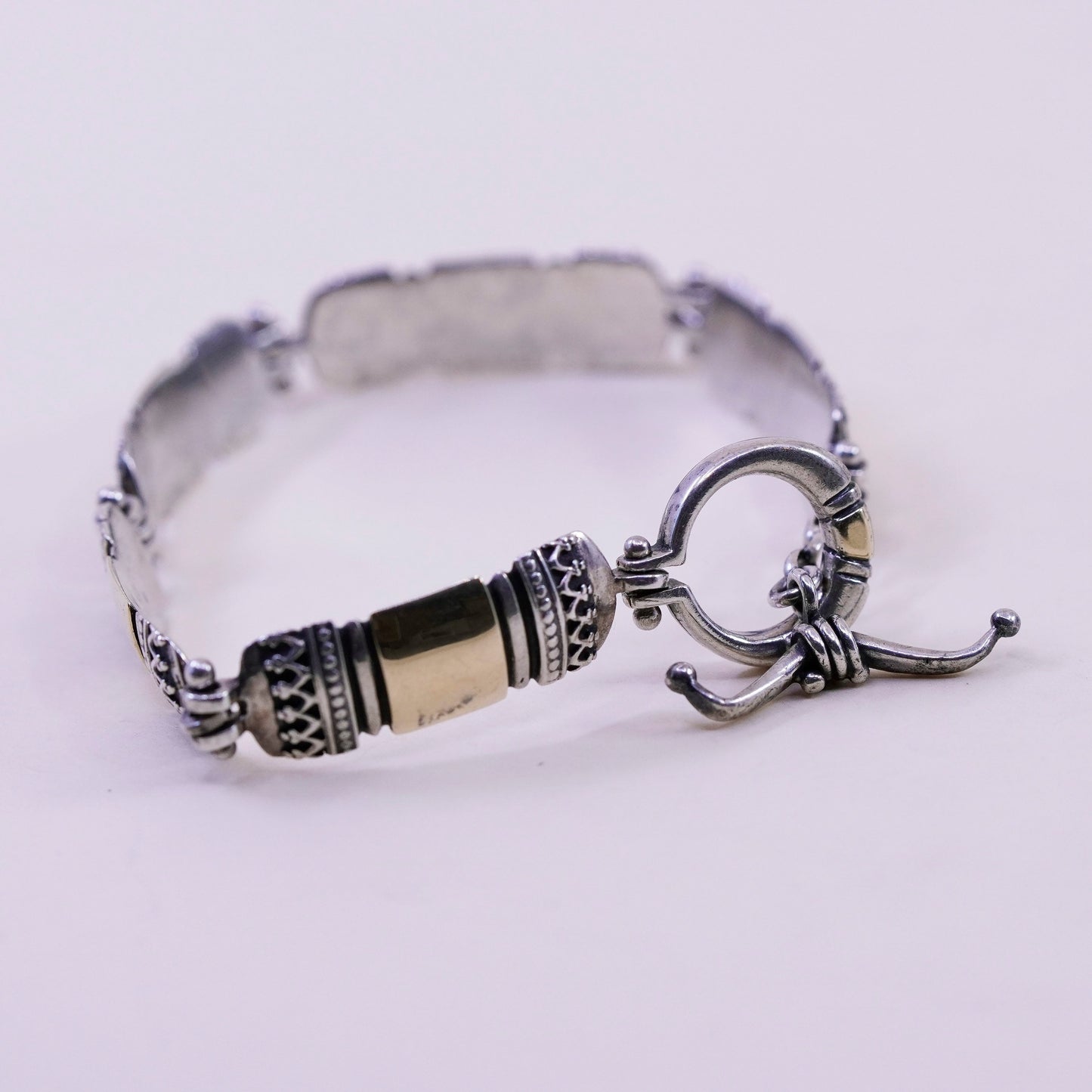 6.75”, 14K gold accent w/ sterling silver handmade bracelet, 925 bar chain bail