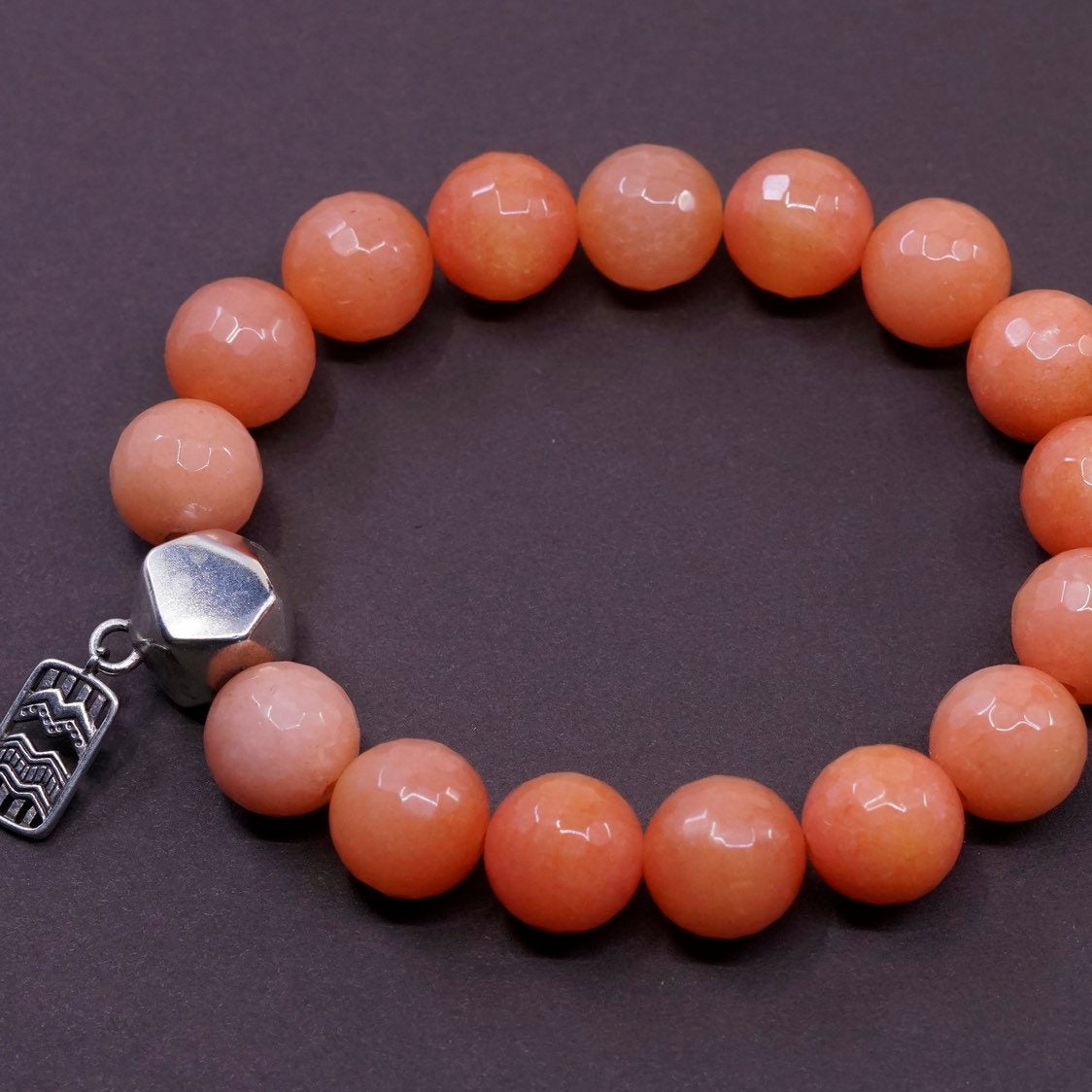 7”, handmade bracelet, elastic band w/ quartz beads sterling 925 silver charm,