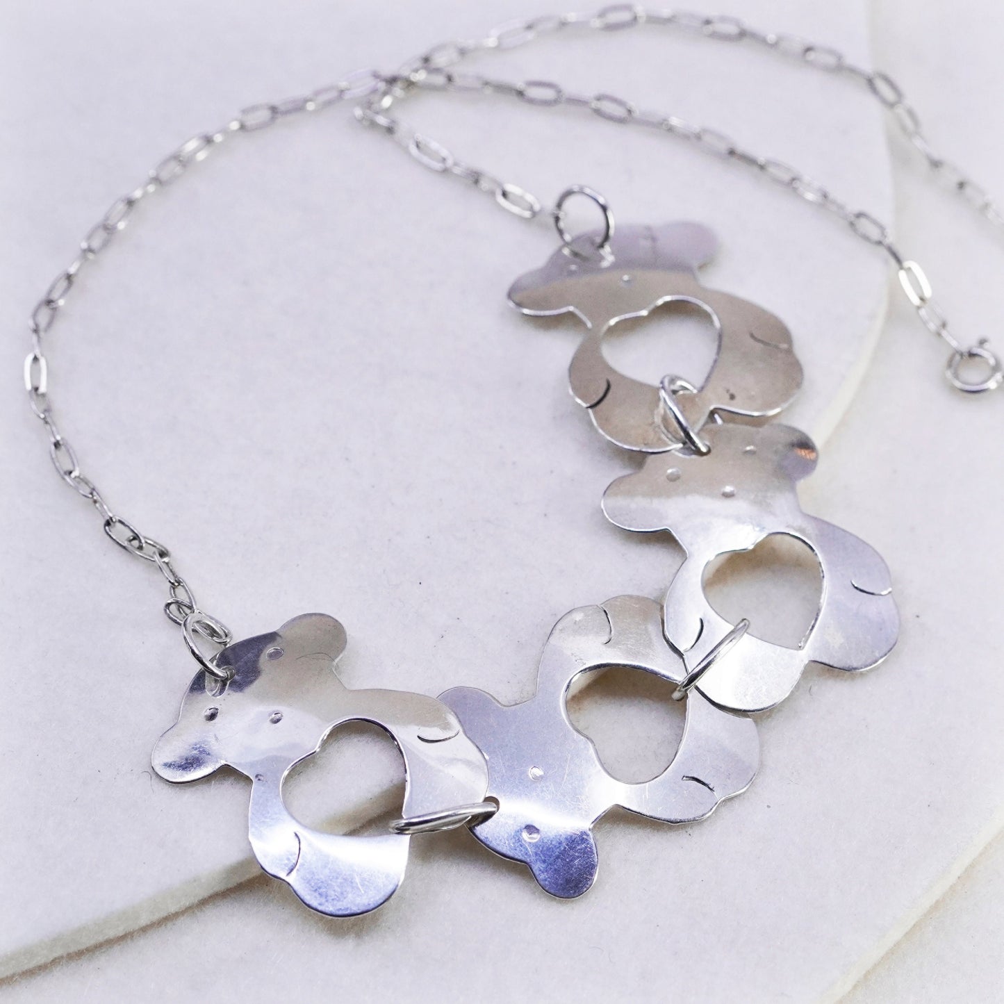 18” Sterling 925 silver handmade elongated chain necklace teddy bear pendant