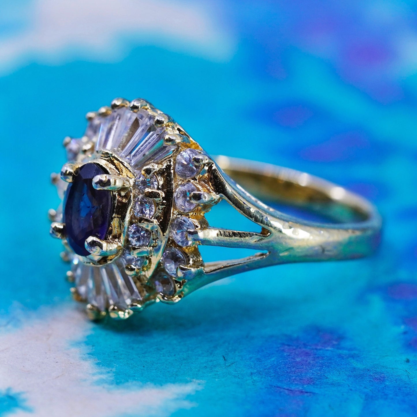Size 8, vintage vermeil gold over sterling 925 silver ring cluster cz sapphire