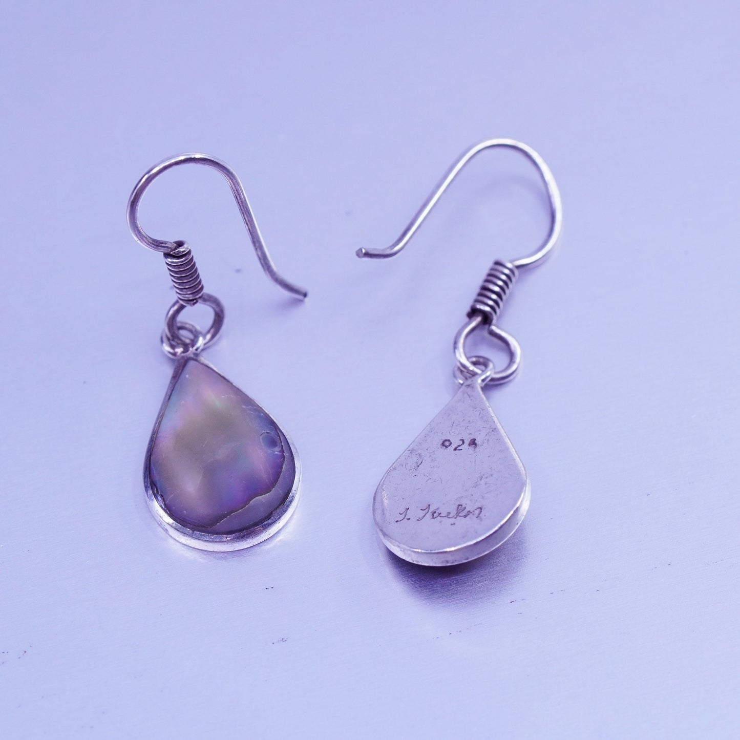 Vintage designer Sterling 925 silver handmade earrings with teardrop abalone
