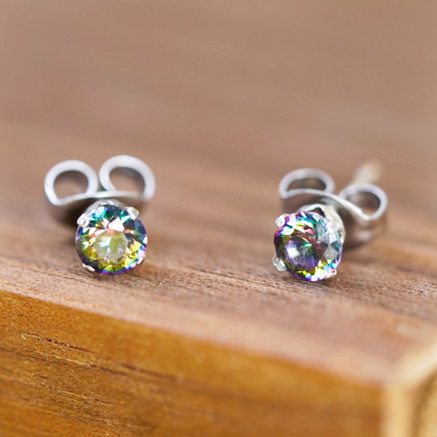 Vintage Sterling 925 silver handmade studs, earrings with rainbow topaz