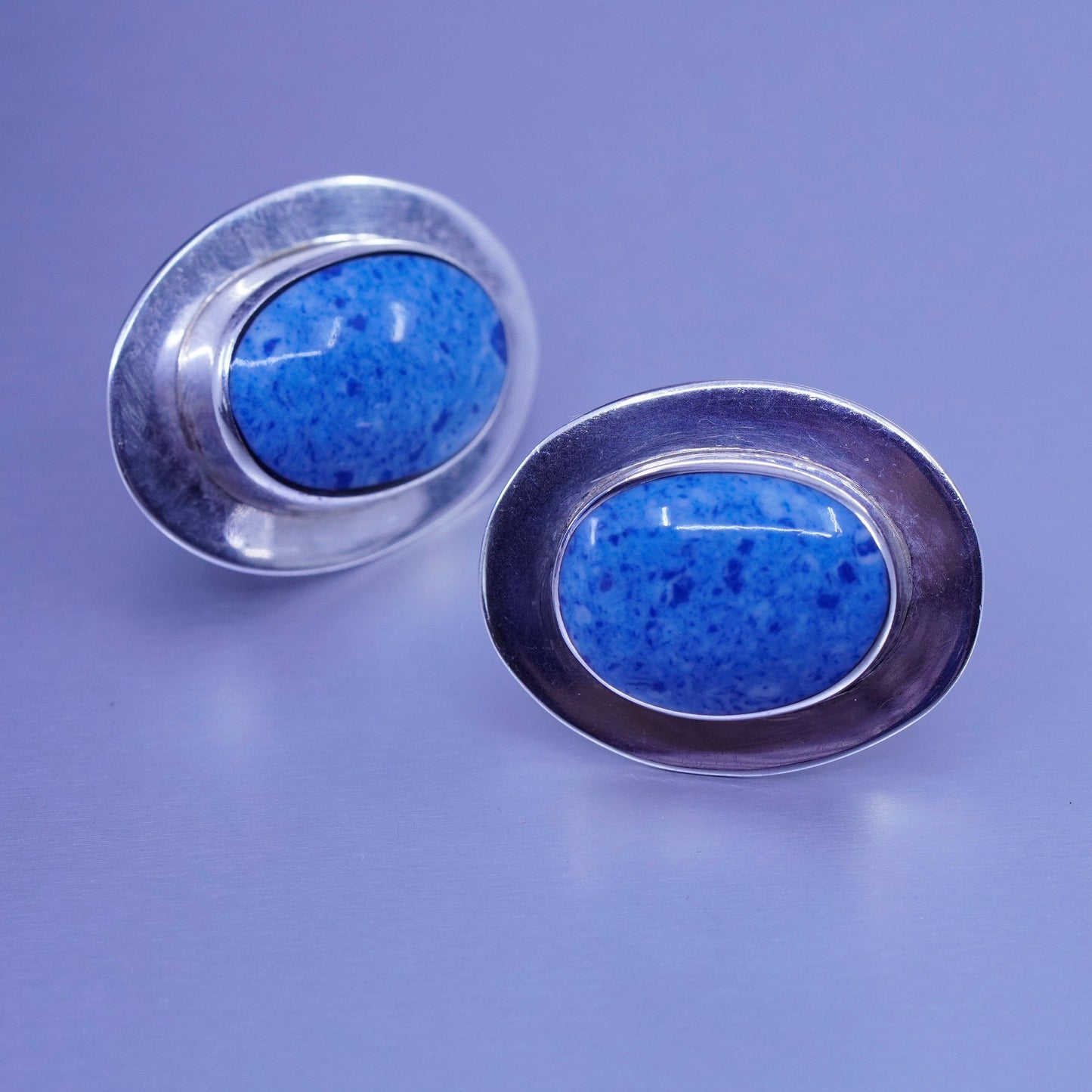 Vintage Sterling 925 silver handmade earrings, oval studs with sodalite
