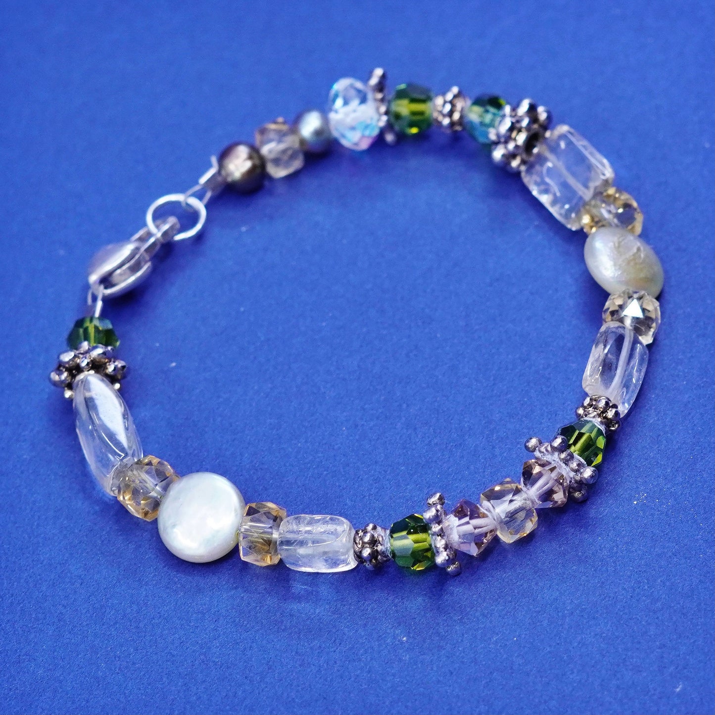 7”, sterling 925 silver handmade bracelet, genuine pearl w/ pink crystal beads