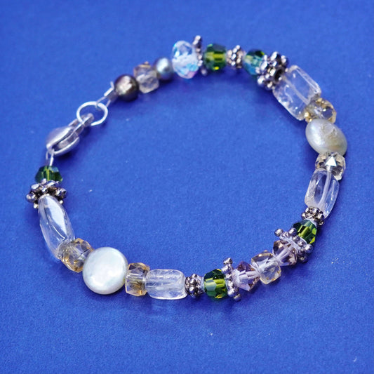 7”, sterling 925 silver handmade bracelet, genuine pearl w/ pink crystal beads